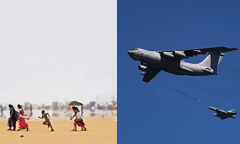(L-R) People walking in Marina Beach (Justin George), Mirage 2000 during the air show rehearsal (Hemanathan)