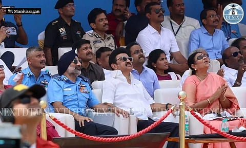 (L to R) Chief of Air Staff, Air Chief Marshal Amar Preet Singh, CM Stalin and Durga Stalin 
