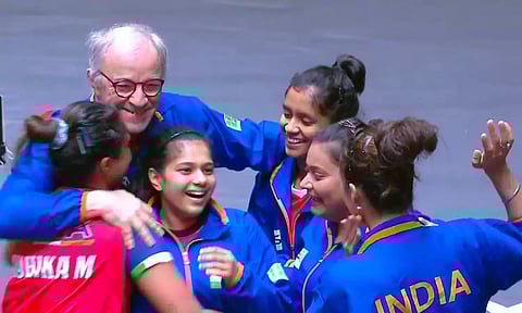  Indian women’s table tennis team celebrates after defeating South Korea in the quarterfinals