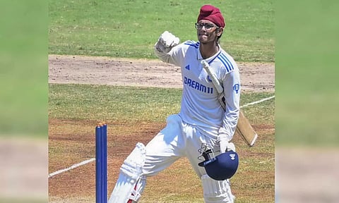 Harvansh Singh celebrates his century during the second day of the 2nd Test against Australia U-19 (PTI)