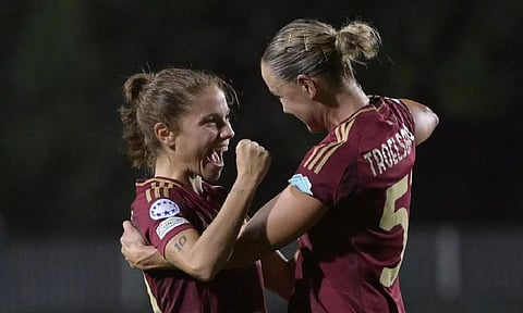 Manuela Giugliano and Sanne Troelsgaard react during a women's Champions League Group A game between AS Roma and Wolfsburg