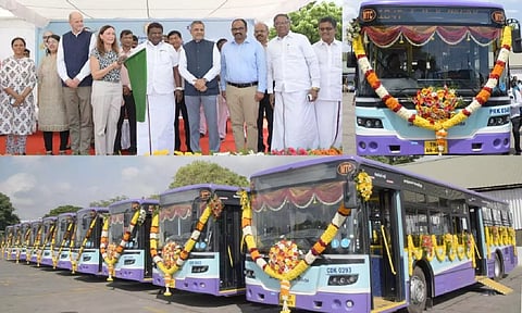 State Transport Minister SS Sivashankar flagged off 25 new BS-VI low-floor buses on Wednesday (Photo: X-@sivasankar1ss)