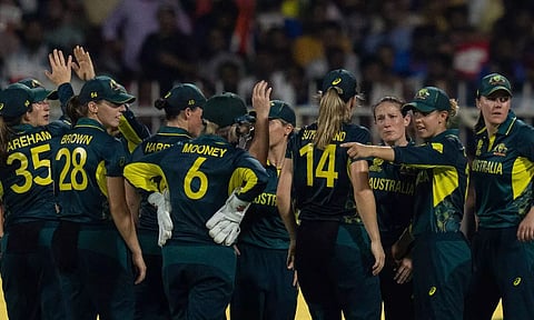 Australian players celebrate the wicket of India's Jemimah Rodrigues during the ICC Women's T20 World Cup 2024 match between India and Australia at Sharjah Stadium (PTI)