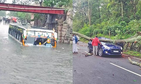 (L-R) A flooded rail underpass in Coimbatore; a car crushed under a fallen tree in Kodaikanal