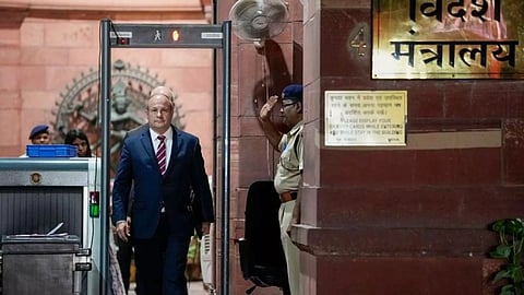 Canada's Acting High Commissioner to India Stewart Wheeler leaves from the Ministry of External Affairs (PTI)