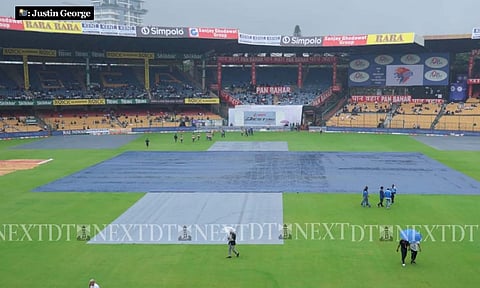 Covers on throughout day one at Chinnaswamy Stadium, Bengaluru (Photo: Justin George) 