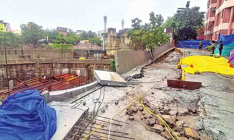 No vehicles were parked on the parking space of an apartment building on Nelson Manickam Road, Aminjikarai, that sank on Tuesday