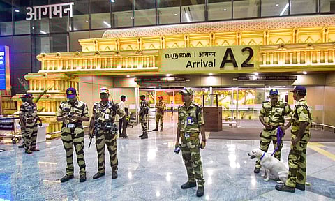 Security personnel at the Trichy Airport after an Air India flight landed safely following a mid-air glitch (PTI)