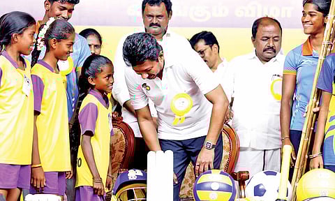 Udhayanidhi at an event to hand over sports equipment to beneficiaries in Tiruvannamalai