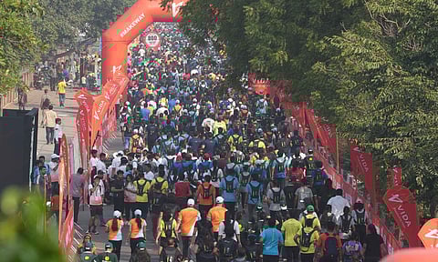 Participants during Vedanta Delhi Half Marathon 2024, at Kartavya Path in New Delhi, Sunday, Oct 20, 2024 (PTI)