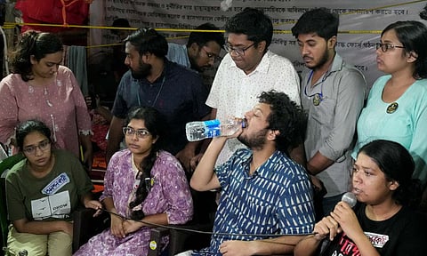 Dr Arnab Mukhopadhyay and other junior doctors after they called off their fast unto death over RG Kar Medical College rape and murder incident, in Kolkata (PTI)