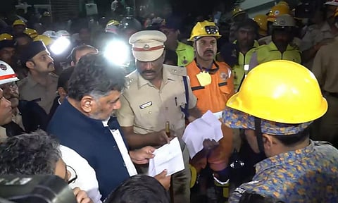 Karnataka Dy CM DK Shivakumar takes stock of situation after an under-construction building collapsed at Hennur