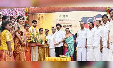 CM Stalin attending in a wedding ceremony at Anna Arivalayam on Wednesday (X/@TNDIPRNEWS)