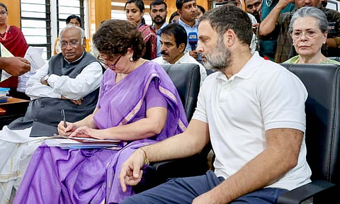 Rahul Gandhi with party leader and candidate from Wayanad constituency Priyanka Gandhi during her nomination for the upcoming election (PTI)