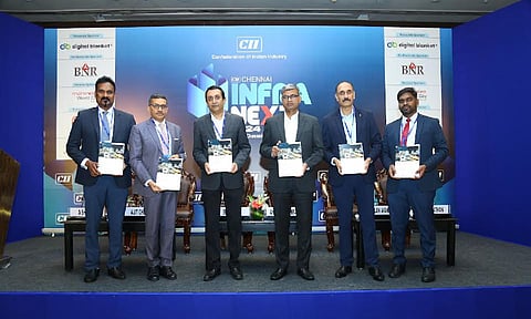 A Shankarm, JLL India: Ajit Chordia, Olympia Group India : Srivats Ram, Wheels India: Anshul Mishra, CMDA: Milan Wahi, releasing the CII-JLL white paper on 'Transformation of Industrial Estates'