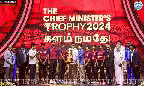 CM MK Stalin and Deputy CM Udhayanidhi Stalin at the valedictory ceremony of CM Trophy Games 2024 at Nehru Stadium in Chennai (Photo: Hemanathan.M)