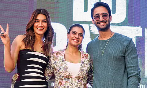 Kriti Sanon, Kajol, Shaheer Sheikh during the promotion of upcoming film 'Do Patti' (PTI)