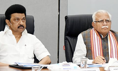 Tamil Nadu Chief Minister MK Stalin and Union Minister of Housing and Urban Affairs Manohar Lal Khattar reviewing the Chennai Metro Rail phase 2 work on Saturday 