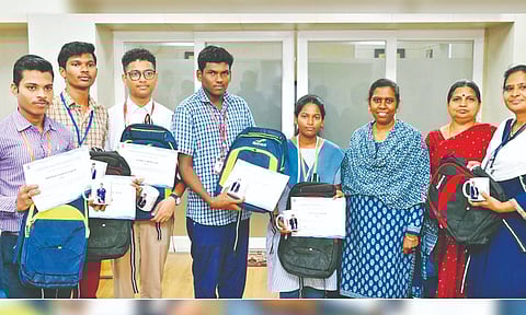 Students , who returned from Japan, with School Education Secretary S Madumathi, on Saturday