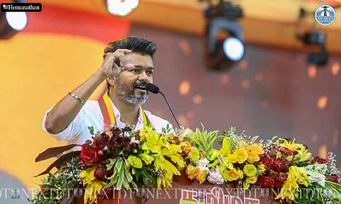 TVK chief Vijay delivering speech at his first state party conference in Vikravandi (Photo credit: Hemanathan M)