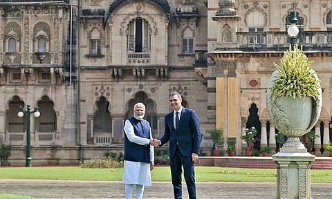 Prime Minister Narendra Modi and Spanish Prime Minister Pedro Sanchez prior to a meeting at the Lukshmi Vilas Palace (PTI)