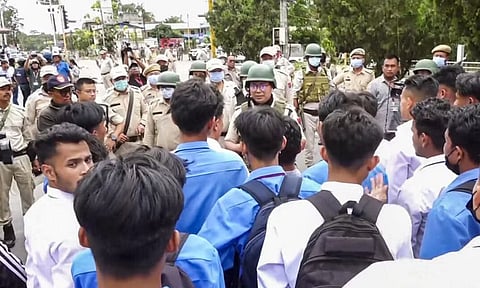 Police stop students during their protest (PTI)