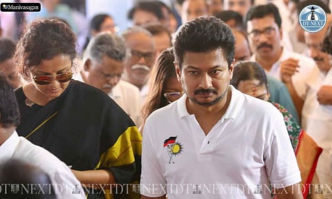 Hours after he was elevated as the Deputy Chief Minister, Udhayanidhi Stalin attended the swearing-in ceremony of new ministers, at the Raj Bhavan on September 29, wearing a T-shirt with DMK symbol emblazoned prominently (N Manivasagan)