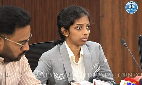 R Vaishali speaking to the media during the Chennai Grand Masters 2024 press event (Photo: Hemanathan.M) 