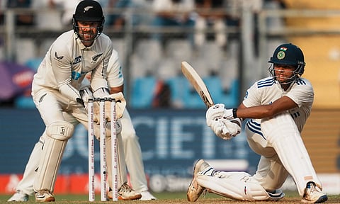 India's Yashasvi Jaiswal plays a shot on the first day of the third test cricket match (PTI)