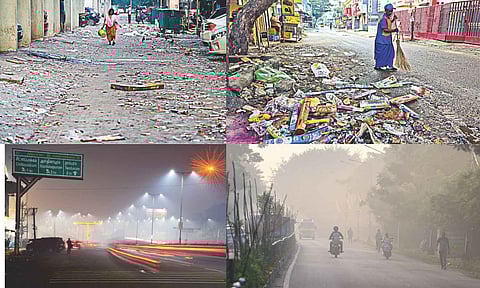 L to R: Festivities at Sarvodaya girls hostel in Chetpet; A sanitary worker gathering firecracker waste; fireworks light up Chennai skies; air quality in city deteriorated due to bursting of firecrackers; burst crackers overrun a street at Madipakkam