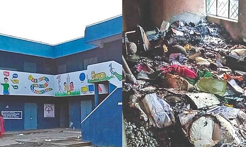 (L-R) Uthiramerur government school; Documents and other things in the records room that got gutted 