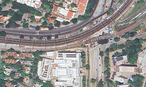 Aerial view shows the RBI Chennai building and the ongoing works on the fourth line between Egmore and Beach stations