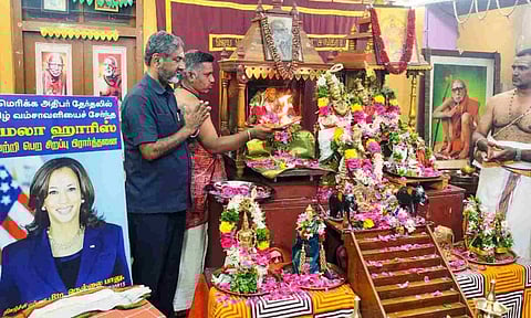 Thulasendrapuram villagers performed prayers at Sri Dharma Sastha temple in Kamala Harris' ancestral village (PTI)