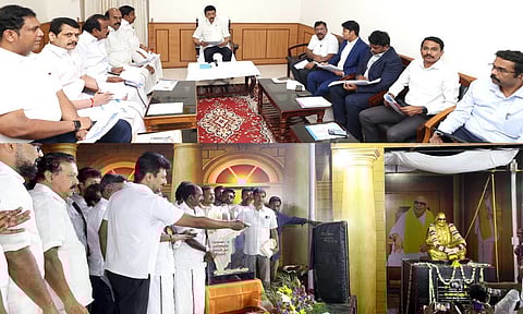Chief Minister MK Stalin at a meeting with ministers and officials in Coimbatore on Tuesday (T), Udhay opening Karunanidhi statue (B)