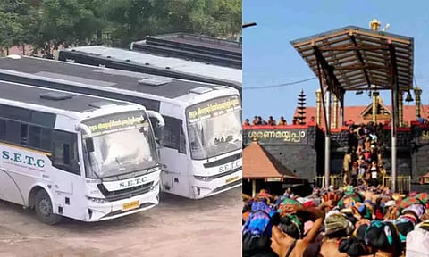 SETC buses (L), Pilgrims in Sabarimala temple (R)