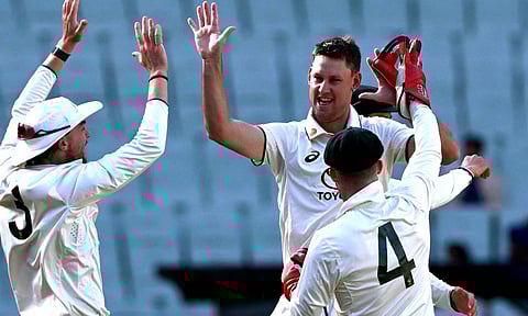 Australia A players celebrate after a wicket 