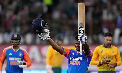India's batsman Sanju Samson celebrates his century during the T20I between South Africa and India (PTI)