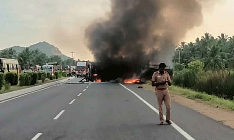 Narrow escape for passengers as bus overturns, catches fire on Coimbatore-Salem NH