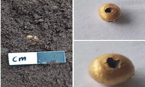 Gold bell found during the ongoing third phase of archaeological excavation at Vembakottai