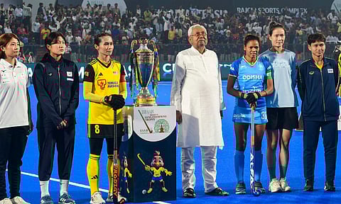 Bihar CM Nitish Kumar with Indian captain Salima Tete and Malaysian captain Juliani Din before the start of the Women's Asian Champions Trophy 2024 hockey (PTI) 