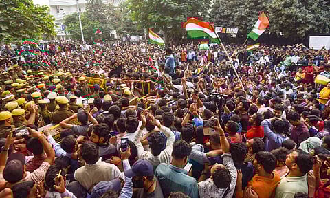 Aspirants stage a protest against the UPPSC, demanding the implementation of 'Single Day, Single Sheet' exams (PTI)