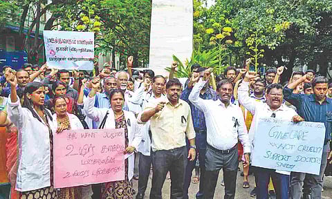 Doctors protest outside the Rajiv Gandhi Government General Hospital on Thursday