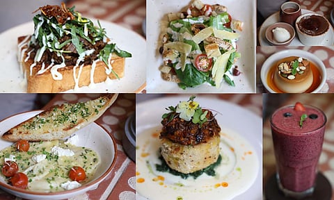 (L to R) Chettinad mushroom brioche toast, Chicken Caesar salad, Berry chocolate souffle, Vegan caramel custard, Caramelised onion and ricotta ravioli, Polenta and Mixed berry smoothie (Manivasagan N)