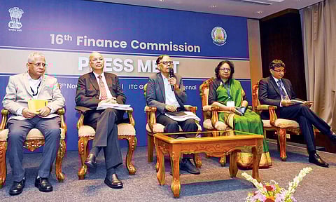Finance panel head Arvind Panagariya addressing media 