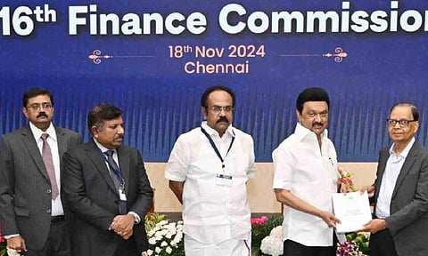 Chief Minister MK Stalin handing over Tamil Nadu's demands to Arvind Panagariya, the chairman of 16th Finance Commission, in Chennai on Monday. Finance Minister Thangam Thennarasu, Chief Secretary N Muruganandam, and Finance Secretary T Udhayachandran were also present