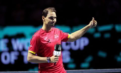 Rafael Nadal talks during a tribute to his career at the end of the match