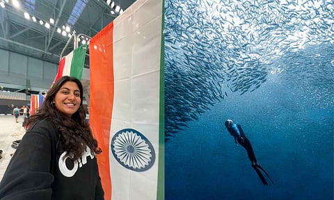 Archana Sankaranarayanan (L) and image of her freediving (R)
