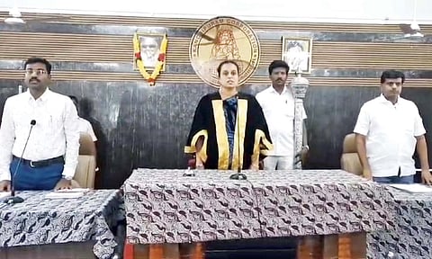 Mayor Mahalakshmi Yuvaraj of DMK presiding over Kancheepuram council meeting on Thursday