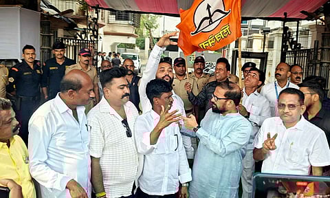 Shiv Sena MP Naresh Ganpat Mhaske oins celebrations at CM Eknath Shinde's residence as early trends show victory for Mahayuti in Assembly polls (PTI)