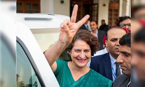  Congress General Secretary Priyanka Gandhi Vadra flashes victory sign (PTI)